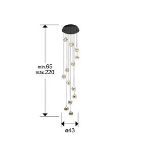 Medidas Lámpara Techo LED Schuller Zaria 502368: Ø60cm, Alto 65-220cm, 11.6kg.  Diseño moderno negro/oro/transparente.
