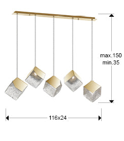 Medidas Lámpara Schuller Priscila 5 Luces Oro (Ref. 720595): 116x24x24 cm (ancho x alto x profundo). Altura regulable 35-150 cm.  Incluye detalles de florón y tulipas.
