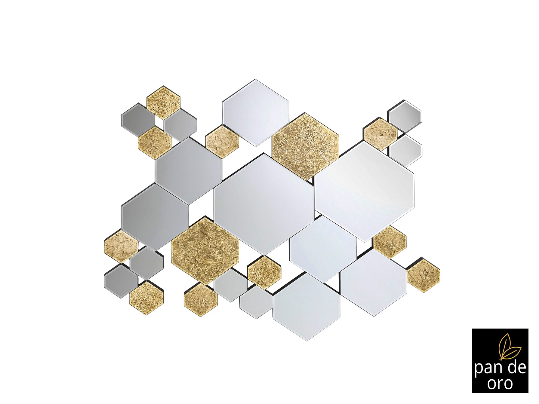 Espejo Nadia Pan de Oro SCHULLER (Ref. 521192) - Detalle de hexágonos biselados de cristal y luna con fondo pan de oro y trasera DM lacada en negro.  92x121x2,5 cm.  Colgable horizontal o vertical.
