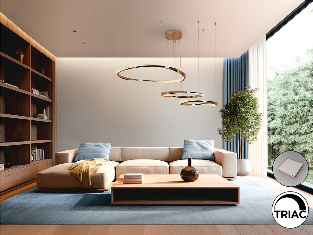 Lámpara de 3 aros Orbitas SCHULLER 554213 - Detalle del diseño moderno en oro, Ø60/80/100cm, acero, aluminio, acrílico, LED 120W, 8400lm, 3000K, regulable en altura.
