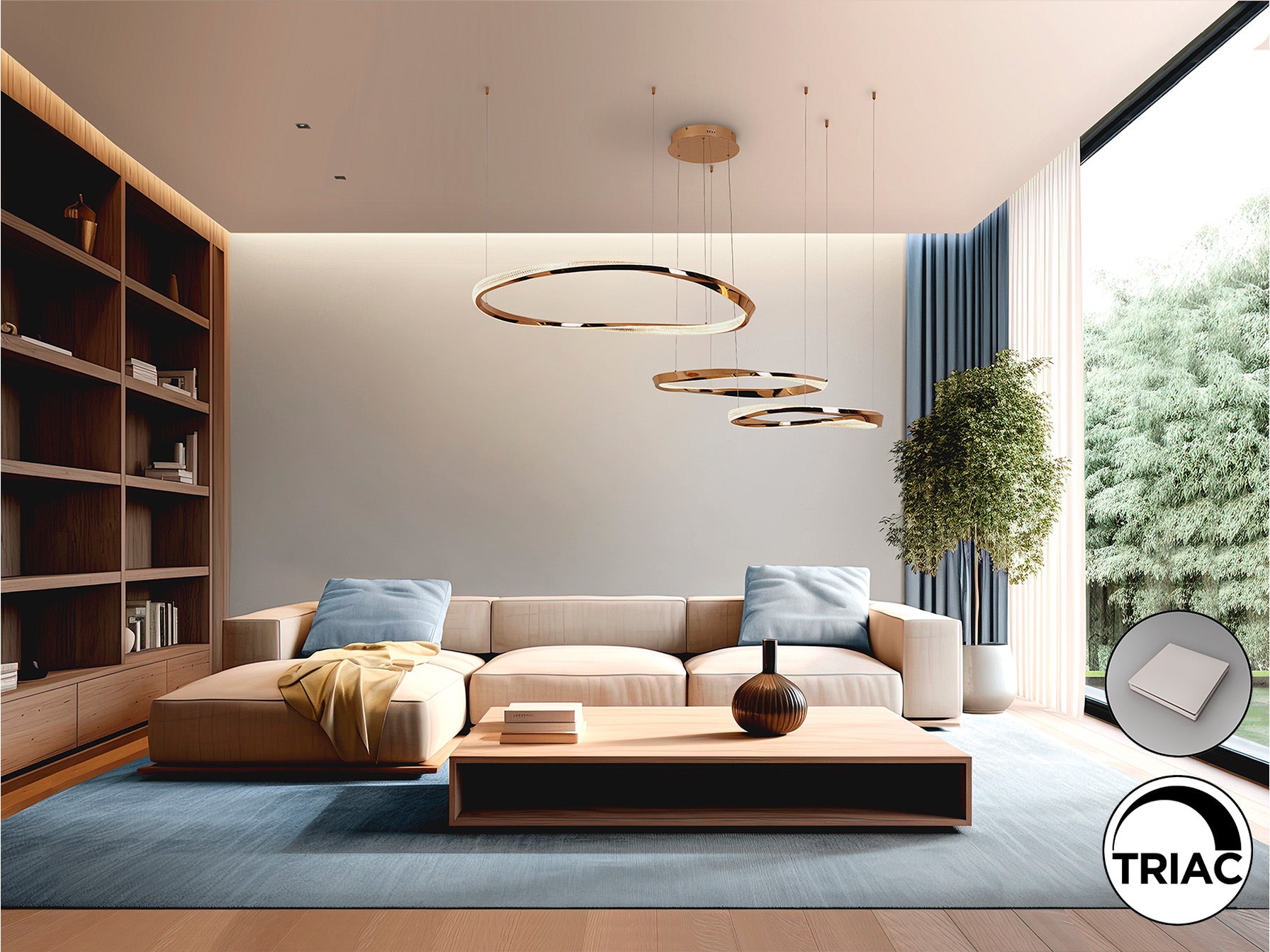 Lámpara de 3 aros Orbitas SCHULLER 554213 - Detalle del diseño moderno en oro, Ø60/80/100cm, acero, aluminio, acrílico, LED 120W, 8400lm, 3000K, regulable en altura.
