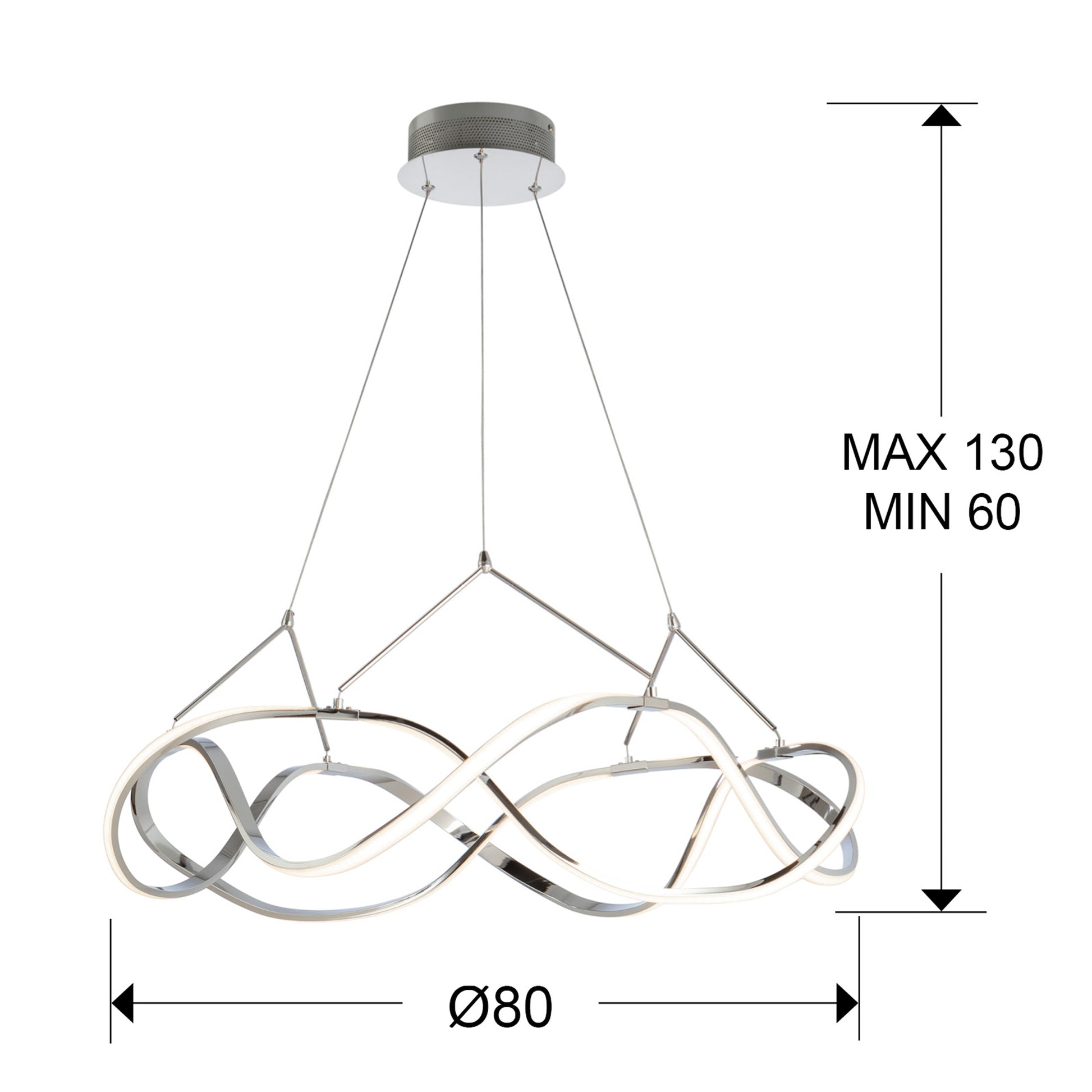 Medidas Lámpara LED Schuller Molly 763950: Ø80cm, Alto 60-150cm,  Cromo/Opal.  Detalles de dimensiones y peso.
