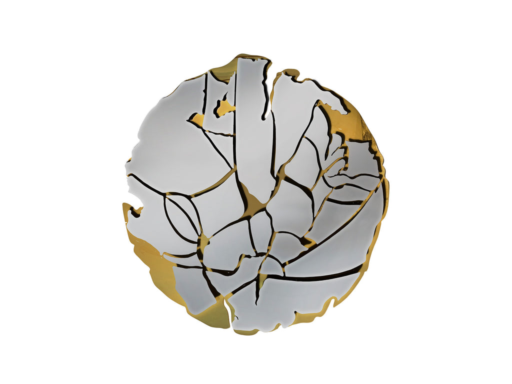 Escultura de pared Fiorella dorada SCHULLER - Ref. 371643. Acero inoxidable cromado con baño dorado brillante.  Montaje horizontal y vertical.  LUZGURÚ.
