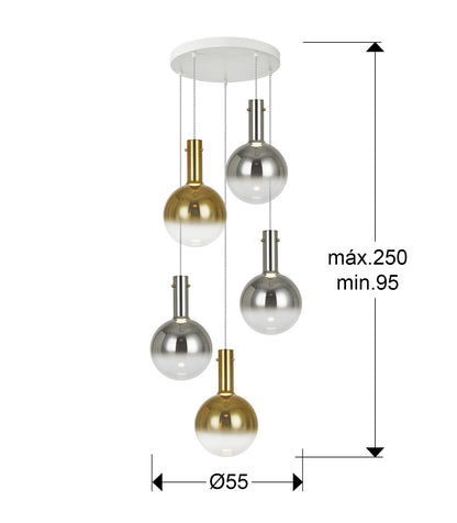 Medidas Lámpara Schuller Matices 5L (Ref. 553869): Alto 135cm (min. 95cm, máx. 250cm), pantalla Ø20cm, florón Ø40cm.  Blanco/Smoke/Oro. luzguru.com
