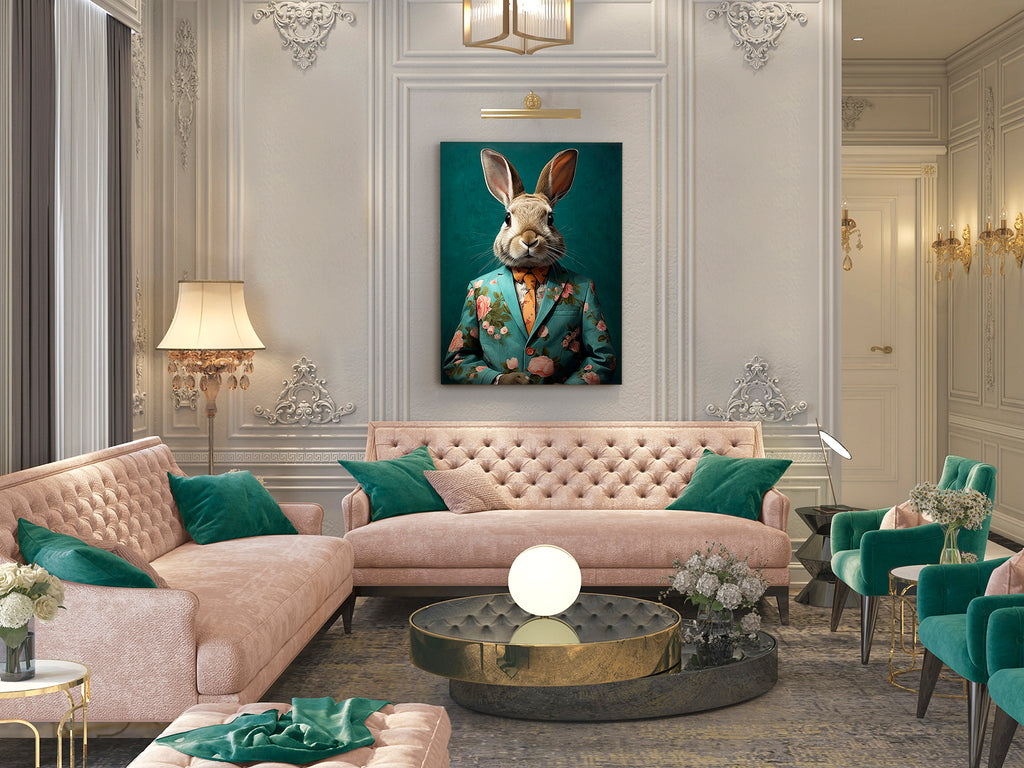 Detalle de la pintura acrílica MR. RABBIT (Ref. 679602) de Schuller, colección Mr Rabbit.  Obra de arte moderna de 90x120 cm sobre bastidor.
