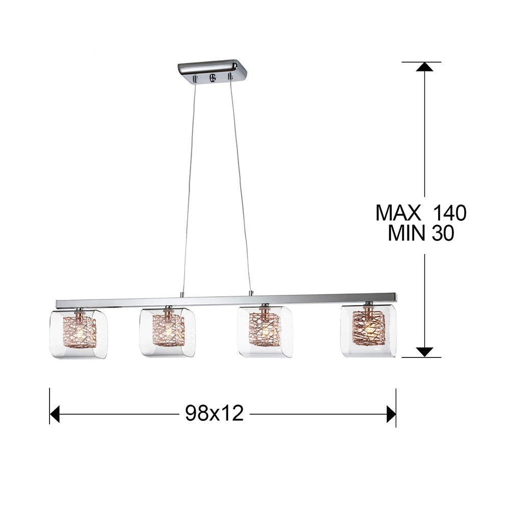 Medidas Lámpara Lios 4 Luces Cromado Schuller 867012: 98x17x12cm (ancho x alto x profundo), altura regulable 30-140cm.  Incluye detalles de pantalla y florón.
