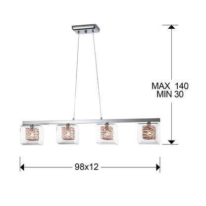 Medidas Lámpara Lios 4 Luces Cromado Schuller 867012: 98x17x12cm (ancho x alto x profundo), altura regulable 30-140cm.  Incluye detalles de pantalla y florón.
