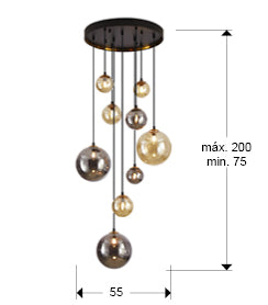 Medidas Lámpara Schuller Dark 9 Luces (Ref. 439176): Altura 75-200cm, Ancho 55cm, Tulipa Ø20cm, Florón Ø45cm.
