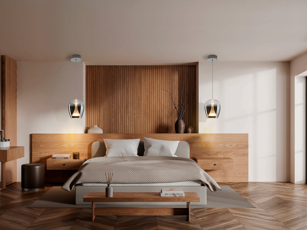 Lámpara Suspiro LED Schuller 724418 - Detalle de la tulipa de cristal soplado smoke degradado y base cromada. Iluminación LED regulable en altura (40-160cm), 900lm, 3000K.
