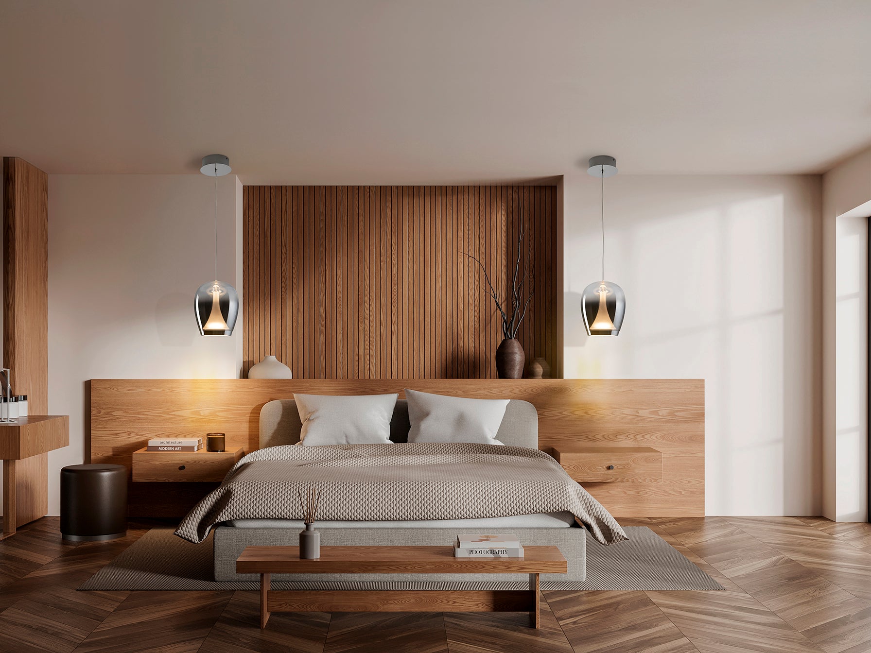 Lámpara Suspiro LED Schuller 724418 - Detalle de la tulipa de cristal soplado smoke degradado y base cromada. Iluminación LED regulable en altura (40-160cm), 900lm, 3000K.
