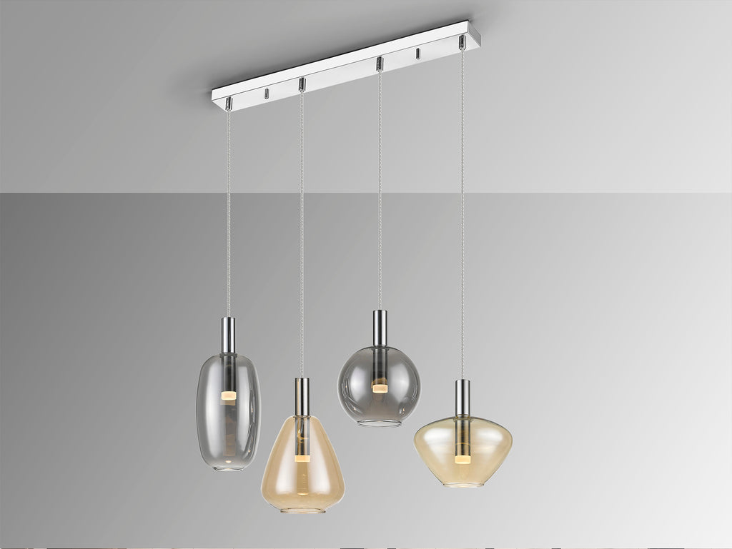 Lámpara I3 Nara 4 luces LED Schuller - Detalle de la elegante lámpara de metal cromado con tulipas de cristal ámbar y smoke, ref. 563047. Iluminación cálida 3000K.
