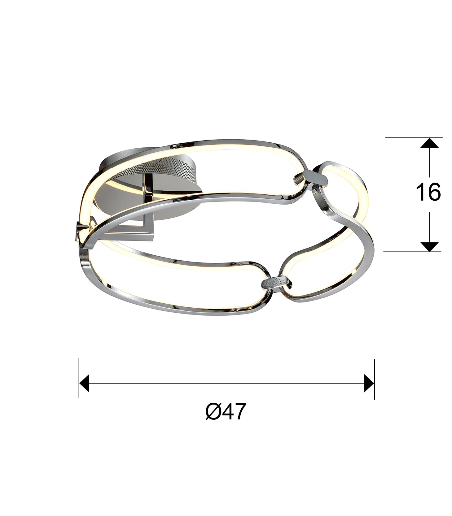 Medidas Plafón LED Colette Cromado Schuller 786485: Ø47cm (diámetro), 16cm (alto), florón Ø16cm, 6cm (alto).
