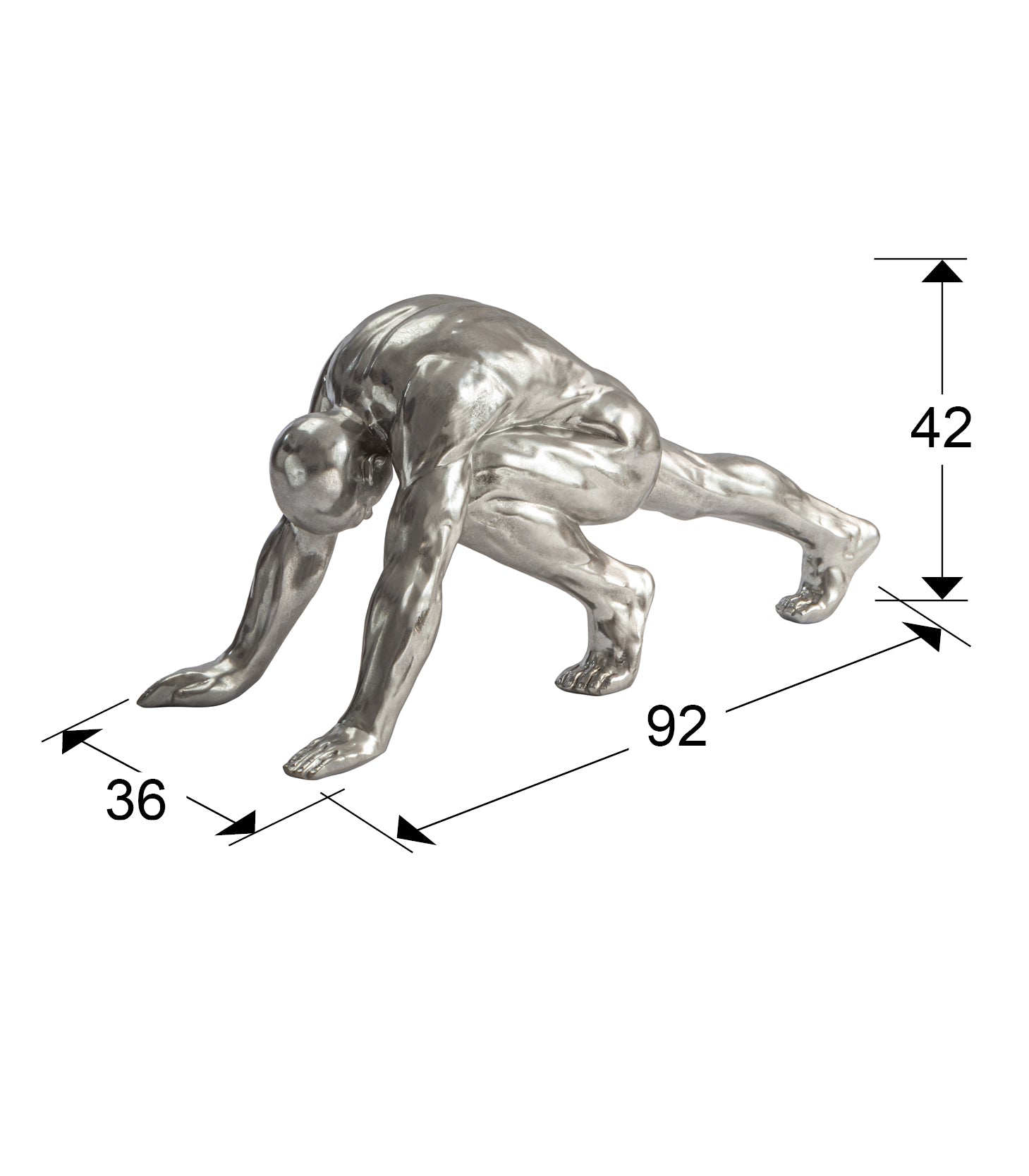 Medidas Figura Asana Plata Schuller 767057: 92x42x36 cm.  Figura decorativa grande de poliresina con acabado pan de plata.
