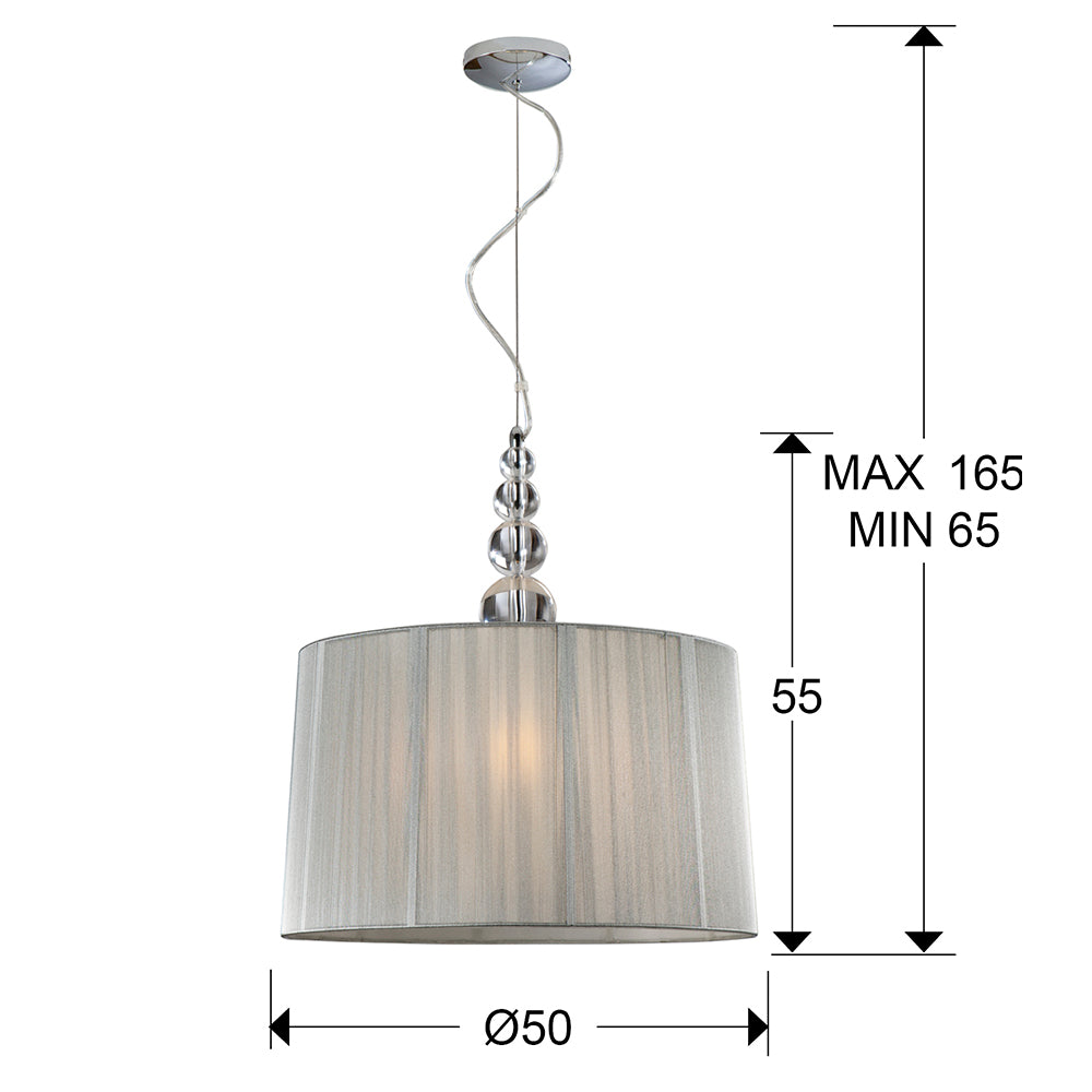 Medidas Lámpara Mercury Schuller 663554: Ø50cm pantalla, alto regulable 65-160cm, florón Ø13cm.  Acrílico, metal, hilo.  Luzguru.com
