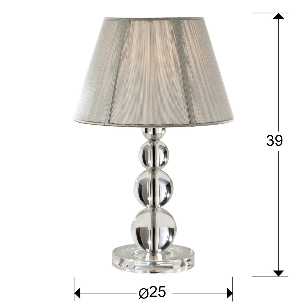 Medidas Lámpara Sobremesa Schuller Mercury 662110: 39 cm de alto, 25 cm de diámetro de pantalla.  Diseño moderno, cromo, transparente y plata. LuzGuru.
