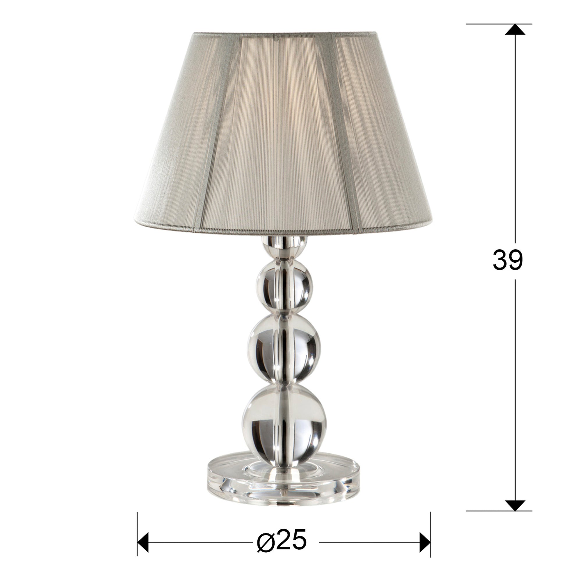 Medidas Lámpara Sobremesa Schuller Mercury 662110: 39 cm de alto, 25 cm de diámetro de pantalla.  Diseño moderno, cromo, transparente y plata. LuzGuru.
