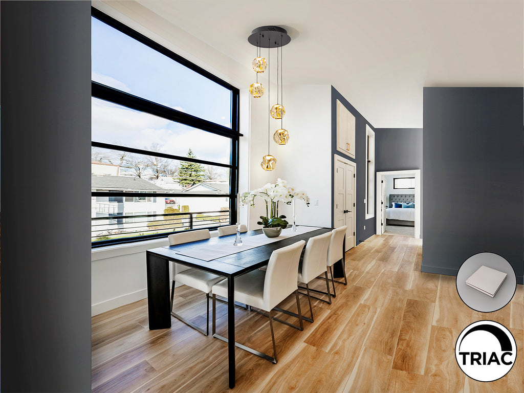 Lámpara Zaria 5 luces Schuller 501989 - Detalle de la elegante combinación negro mate y bronce con tulipa de acrílico ámbar. Iluminación LED 21W, 1304 lm, 3000K.  Incluye driver TRIAC y sistema de regulación. LuzGurú.
