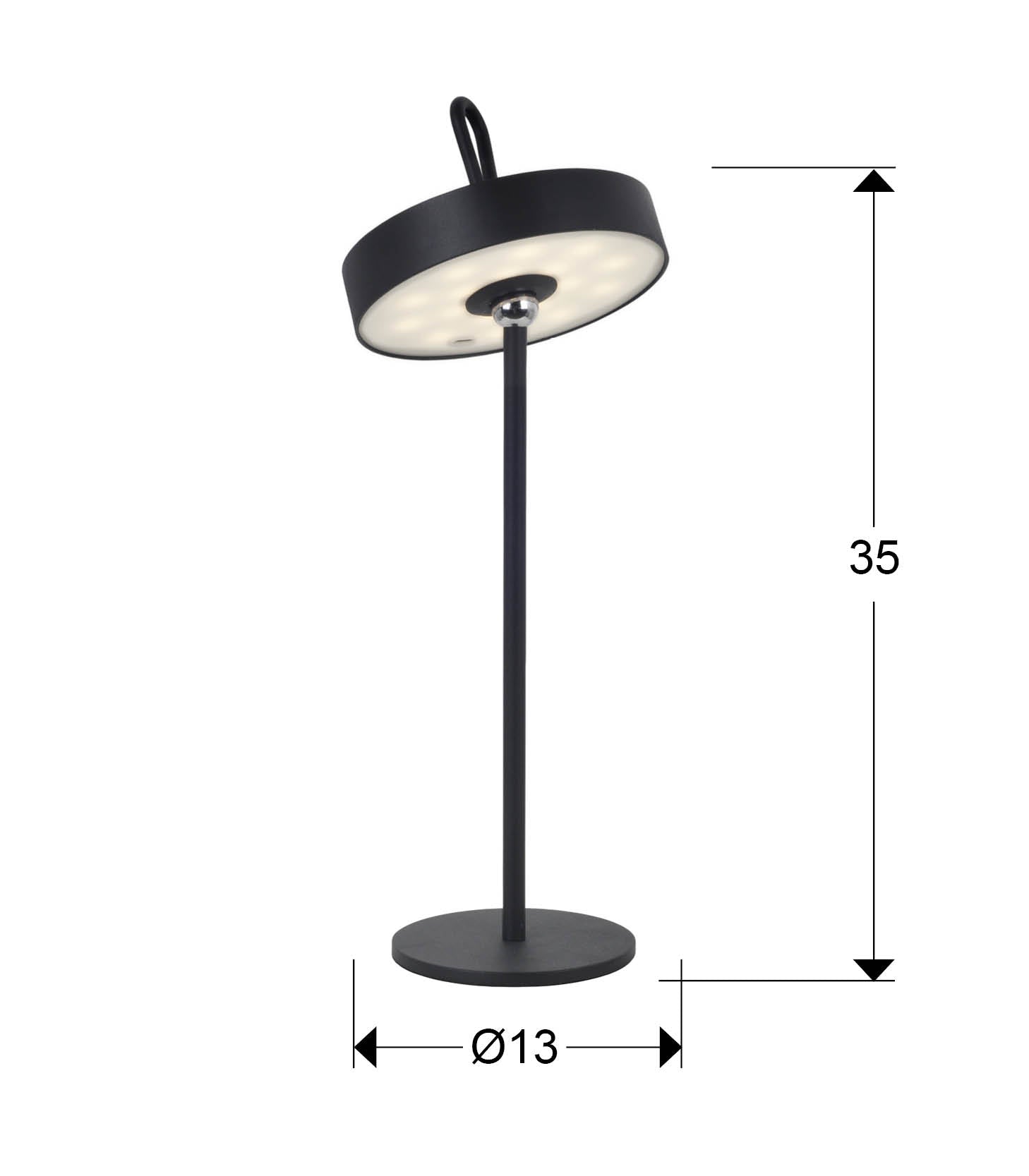 Medidas Lámpara Sobremesa LED Gong Schuller 551845: 35cm (alto) x 13cm (diámetro).  Negro, diseño moderno.
