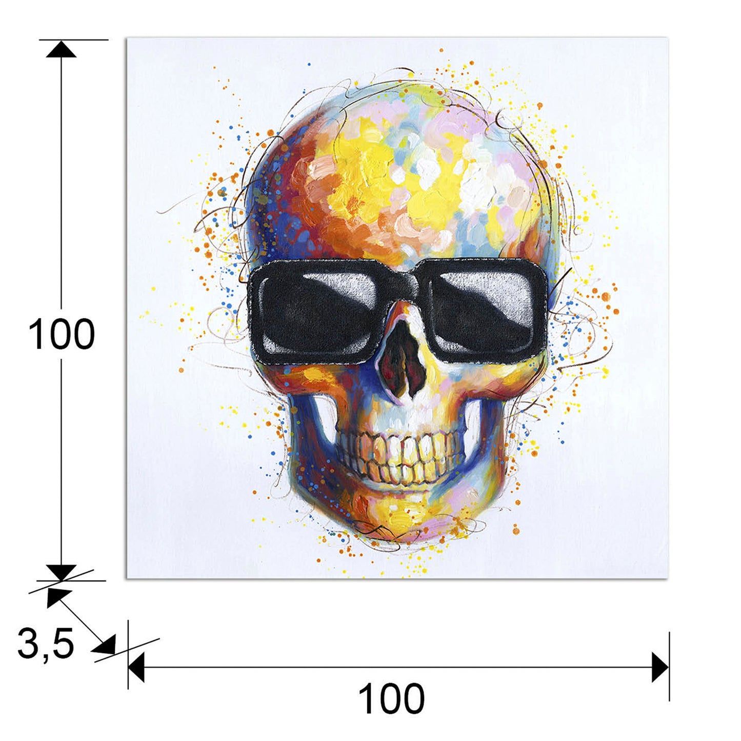 Medidas Cuadro Acrílico Catrina Schuller 100x100cm (Ref. 531973): 100cm ancho x 100cm alto x 3.5cm profundidad.  Peso 2.33kg.
