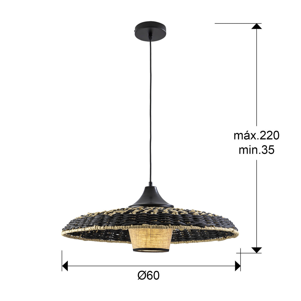 Medidas Lámpara Schuller Fiji 435216: Alto 23cm, Diámetro Pantalla 60cm, Alto Mínimo 35cm, Alto Máximo 220cm.  Negro/Natural.
