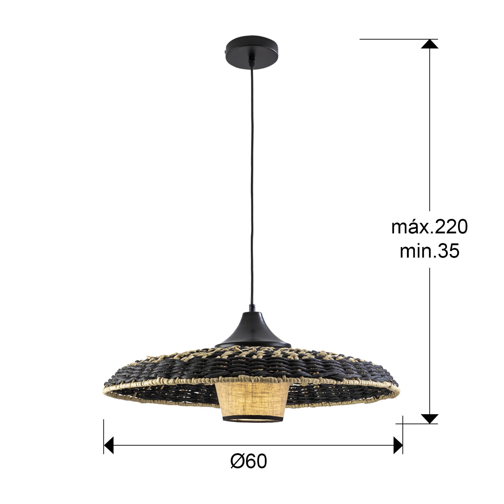 Medidas Lámpara Schuller Fiji 435216: Alto 23cm, Diámetro Pantalla 60cm, Alto Mínimo 35cm, Alto Máximo 220cm.  Negro/Natural.
