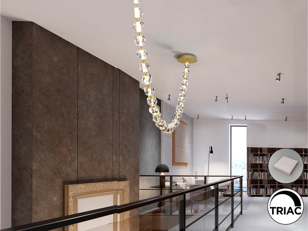 Lámpara Zaria II dorada Schuller - Detalle de la ref. 448925.  29 tulipas de acrílico, acabado dorado, 105W LED, 3000K, 8704 lm.  Luzgurú.
