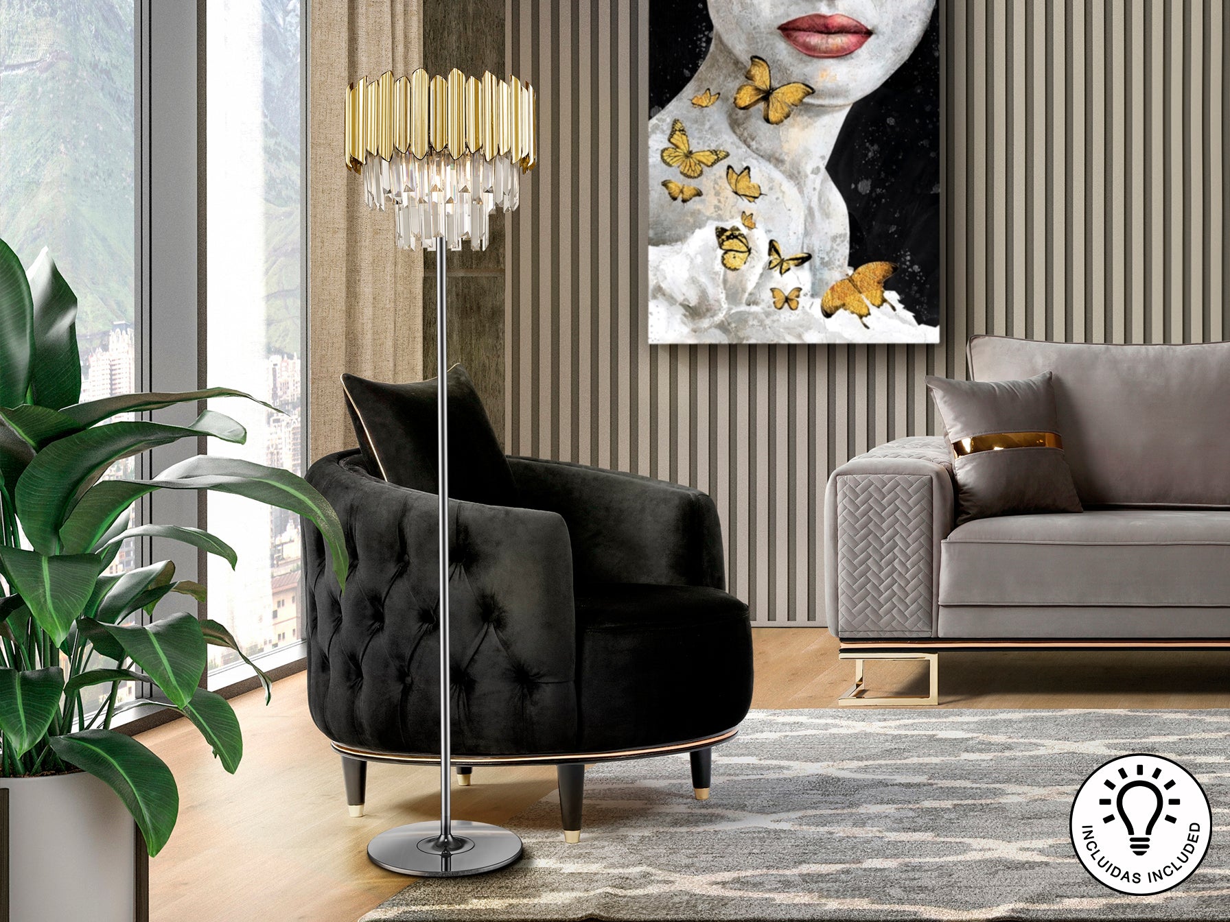 Lámpara Pie Moderna Schuller Tiara - Cromado Dorado | luzguru.com