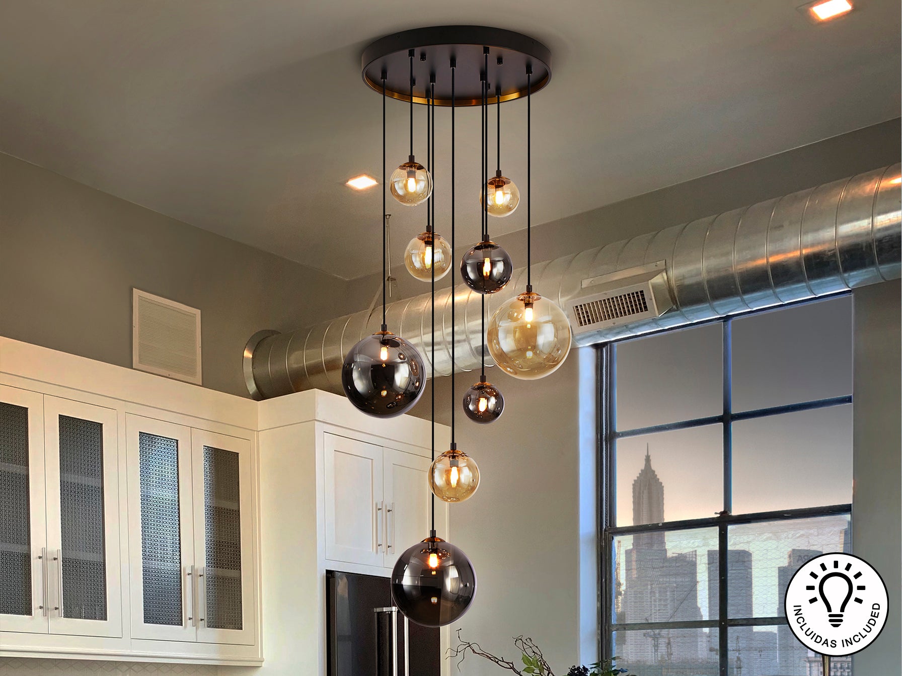 Lámpara Moderna 9 Luces Negra y Latón - Schuller Dark | luzguru.com