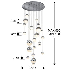 Medidas Lámpara Techo LED Schuller Sphere 793971GK: Ø83cm, Alto 260cm (ajustable 150-500cm), Florón Ø75cm x 6cm.
