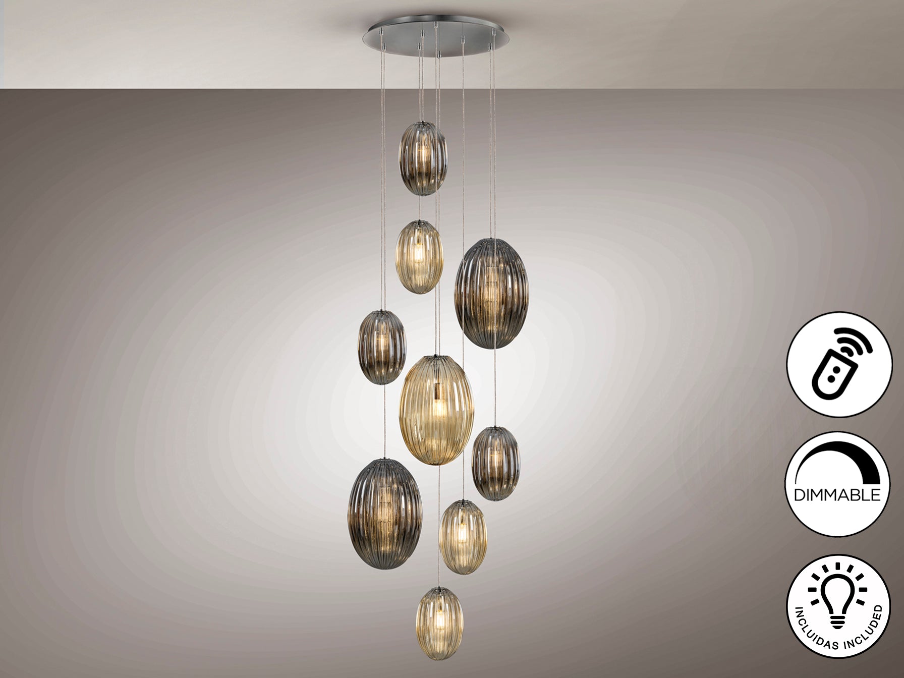Schuller 752367D - Lámpara Ovila 9 Luces Smoke-Coñac - luzguru.com