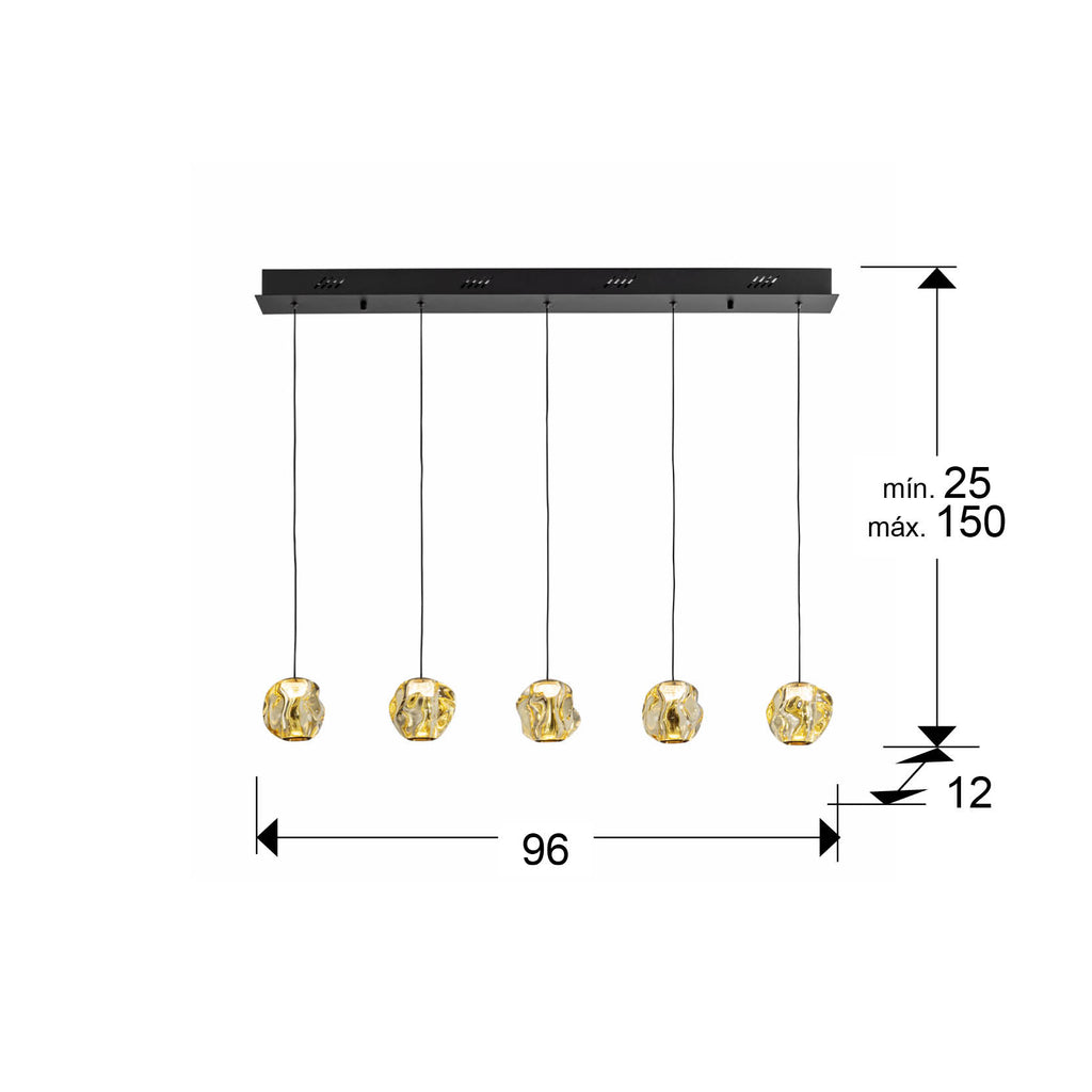 Medidas Lámpara Schuller Zaria 5 Luces (Ref. 502528): 96x10x12 cm, altura regulable 25-150 cm.
