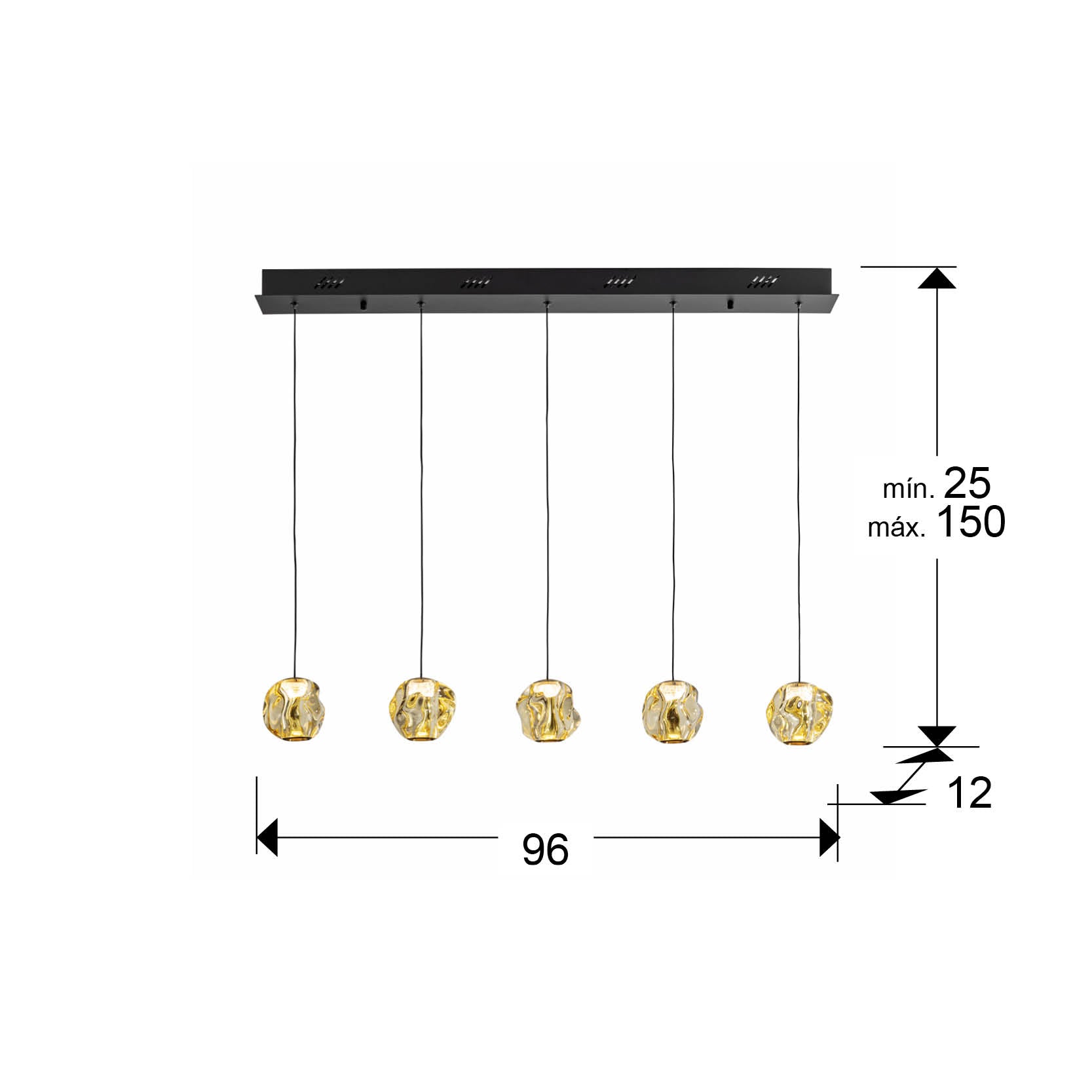 Medidas Lámpara Schuller Zaria 5 Luces (Ref. 502528): 96x10x12 cm, altura regulable 25-150 cm.
