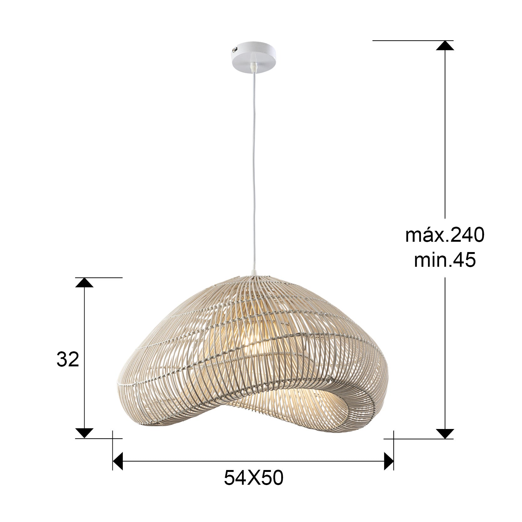 Medidas Lámpara Ratán Sabah Blanco Schuller 567592: 55x32x52cm.  Ancho pantalla 54cm, alto 30cm, profundidad 50cm. Florón 10cm diámetro, 3cm alto.
