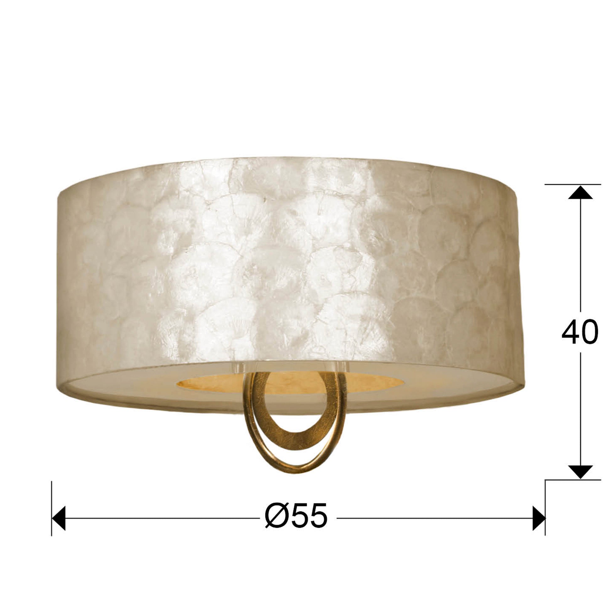 Medidas Plafón Schuller Edén Oro Ø55cm (Ref. 716478): Ø55cm, Alto 40cm, Pantalla Ø55cm, Alto 22cm, Florón Ø12cm, Alto 2cm.  Peso 3.77kg.

