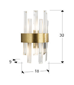 Medidas Aplique Schuller Grace 365093: 18x30x9 cm.  Aplique de pared dorado con cristal, ref. 365093. LuzGuru.
