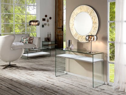 Consola Moderna Sonoma SCHULLER 764360 - Detalle Cristal Templado 12mm y Estante Mármol Blanco.
