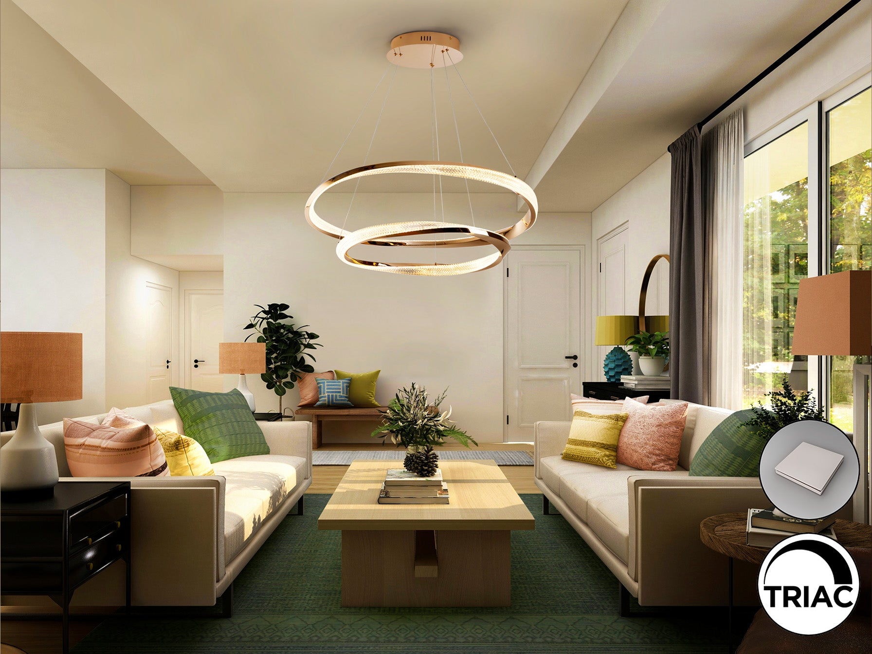 Lámpara de techo Schuller Orbitas 554107, dos aros dorados (Ø60 y Ø80cm), detalle de acabado en oro brillo y difusor acrílico. Iluminación LED regulable en altura.
