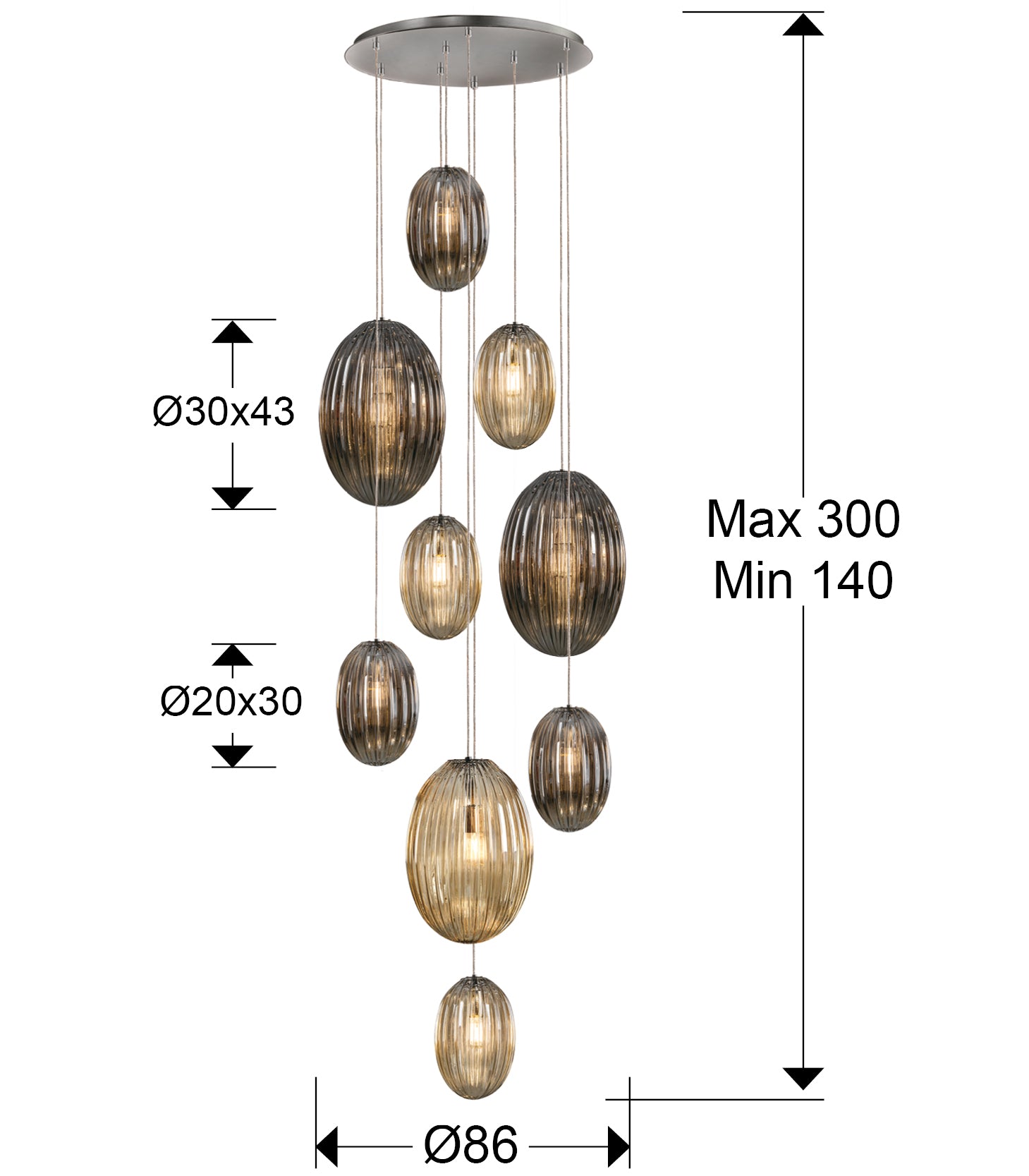 Medidas Lámpara Techo Schuller Ovila 9 Luces (Ref. 752367): Alto 230cm (min. 140cm, máx. 300cm), pantalla Ø30cm, altura pantalla 43cm, florón Ø60cm.
