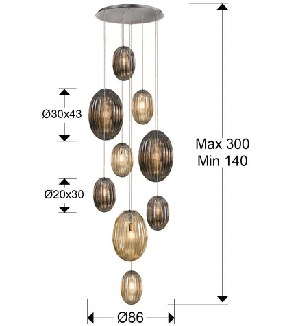 Medidas Lámpara Techo Schuller Ovila 9 Luces (Ref. 752367): Alto 230cm (min. 140cm, máx. 300cm), pantalla Ø30cm, altura pantalla 43cm, florón Ø60cm.
