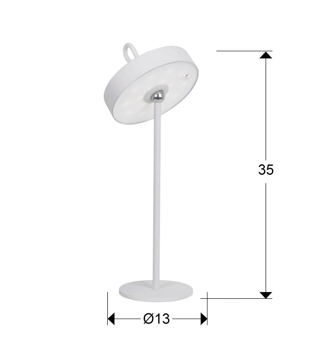Medidas lámpara sobremesa LED Gong Schuller 551869: 35cm alto, 13cm diámetro.  Blanco, IP54.
