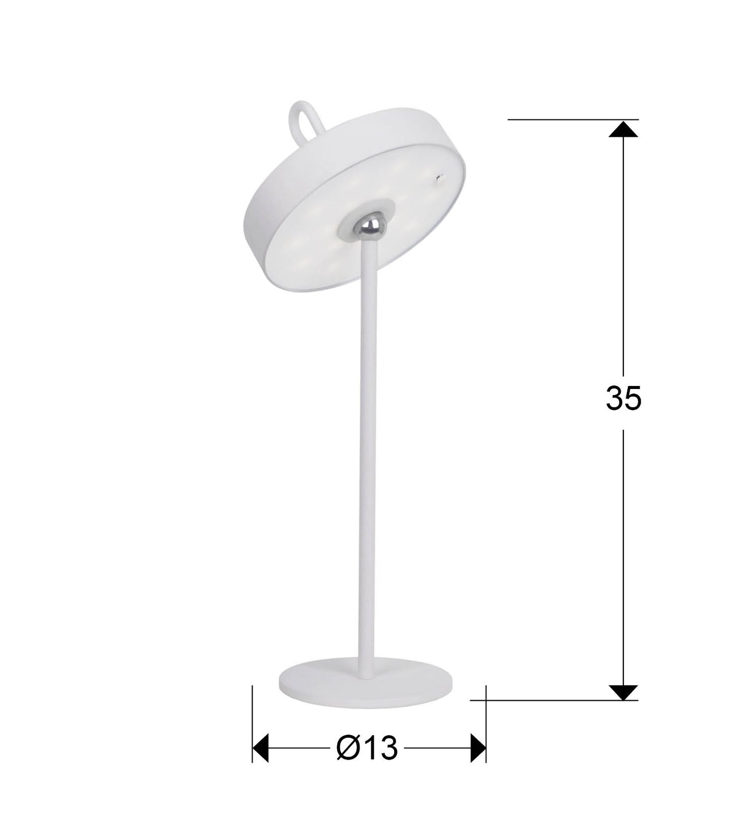 Medidas lámpara sobremesa LED Gong Schuller 551869: 35cm alto, 13cm diámetro.  Blanco, IP54.

