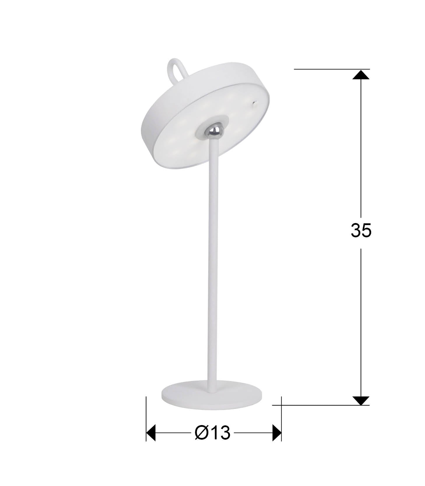 Medidas lámpara sobremesa LED Gong Schuller 551869: 35cm alto, 13cm diámetro.  Blanco, IP54.
