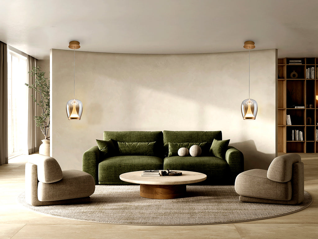 Lámpara Suspiro dorada Schuller 724425 - Detalle de la tulipa de cristal soplado ámbar degradado y aluminio anodizado. Iluminación elegante y moderna.
