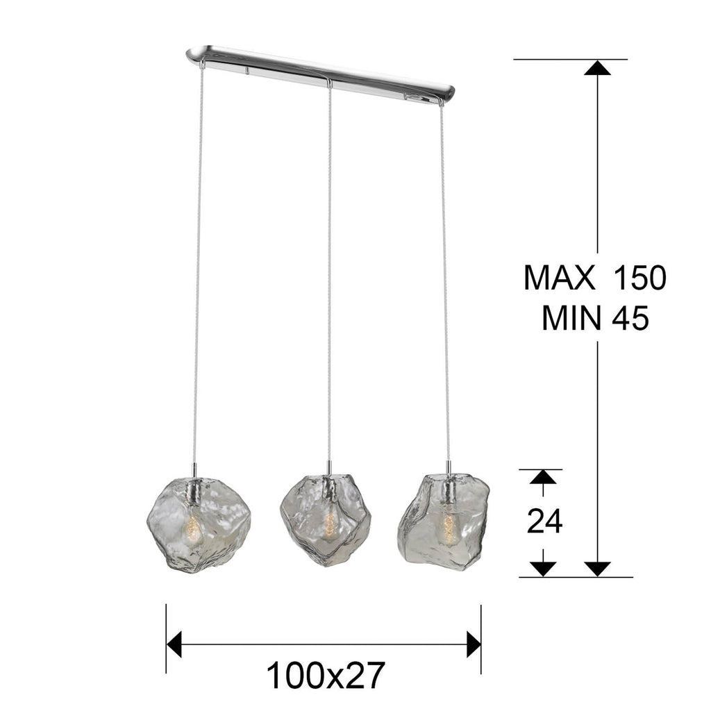 Medidas Lámpara 3 Luces Petra Cromado Schuller 213455: Ancho 100cm, Alto 30cm, Fondo 27cm, Altura min 45cm, Altura máx 150cm.  Luzguru.
