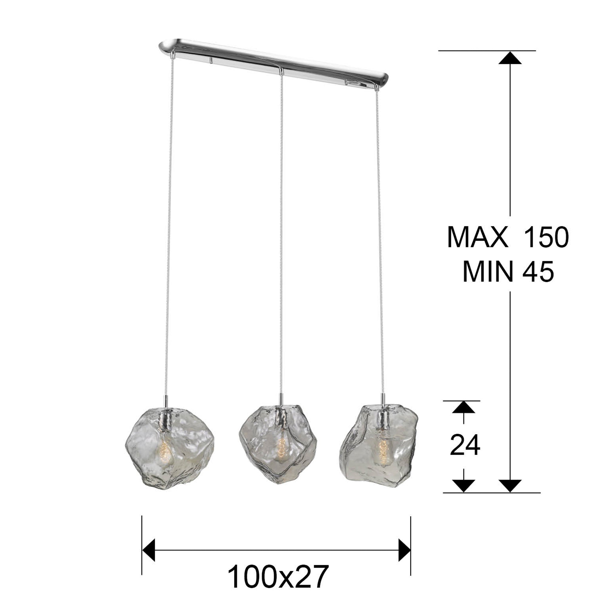 Medidas Lámpara 3 Luces Petra Cromado Schuller 213455: Ancho 100cm, Alto 30cm, Fondo 27cm, Altura min 45cm, Altura máx 150cm.  Luzguru.
