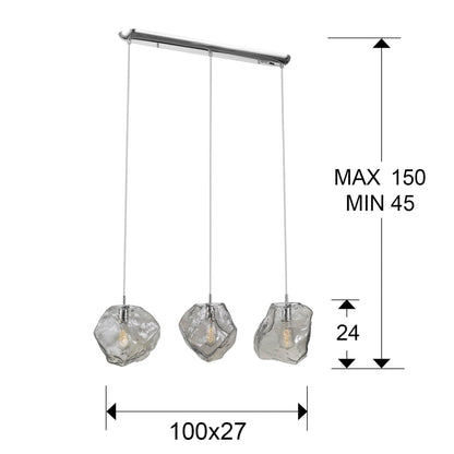 Medidas Lámpara 3 Luces Petra Cromado Schuller 213455: Ancho 100cm, Alto 30cm, Fondo 27cm, Altura min 45cm, Altura máx 150cm.  Luzguru.
