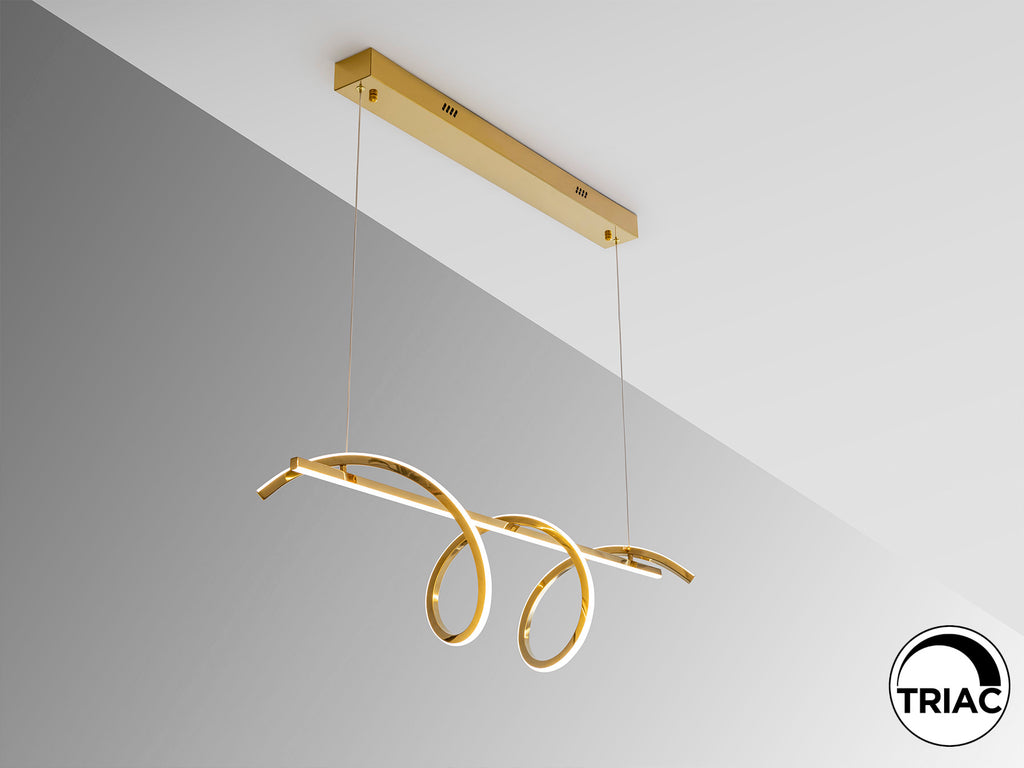 Detalle de la Lámpara Asure Oro Regulable Schuller (Ref. 601832), mostrando su acabado en acero inoxidable oro brillo y difusor de silicona opal.  Iluminación LED regulable.
