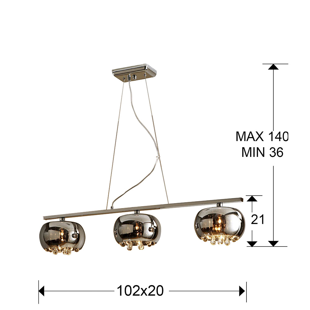Medidas Lámpara Argos 3L Cromo Schuller (Ref. 509213): 102x21x22cm, altura 36-140cm.  Incluye detalles de pantalla y florón.
