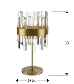 Medidas Lámpara Sobremesa GRACE Oro Schuller 365437: 50cm (alto) x 25cm (ancho), 5.3kg.  Diseño elegante en metal y cristal.

