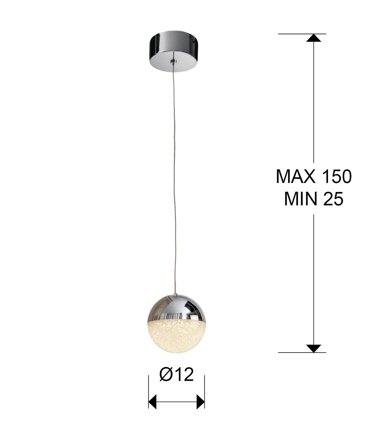 Medidas Lámpara LED Sphere Schuller 793301: Ø12cm tulipa, altura regulable 25-150cm, florón Ø12cm.
